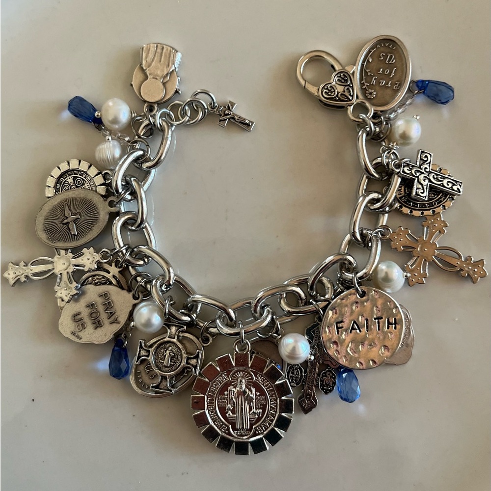SOLD Charm Bracelet: St Benedict, Lenten Saints, Crosses, Freshwater Pearls - Picture 8 of 12